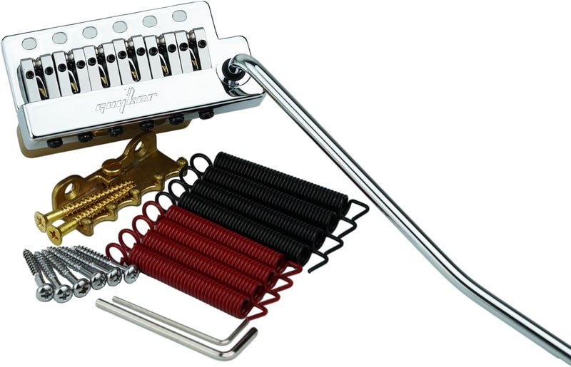 guyker Guitar Tremolo Bridge String Spacing 10.5MM with Brass Roller Saddle and Brass Block & Spring and Claw, Pop-In Vibrato Bar, Complete Install Kit, GG1009AB-T Chrome - Image 1